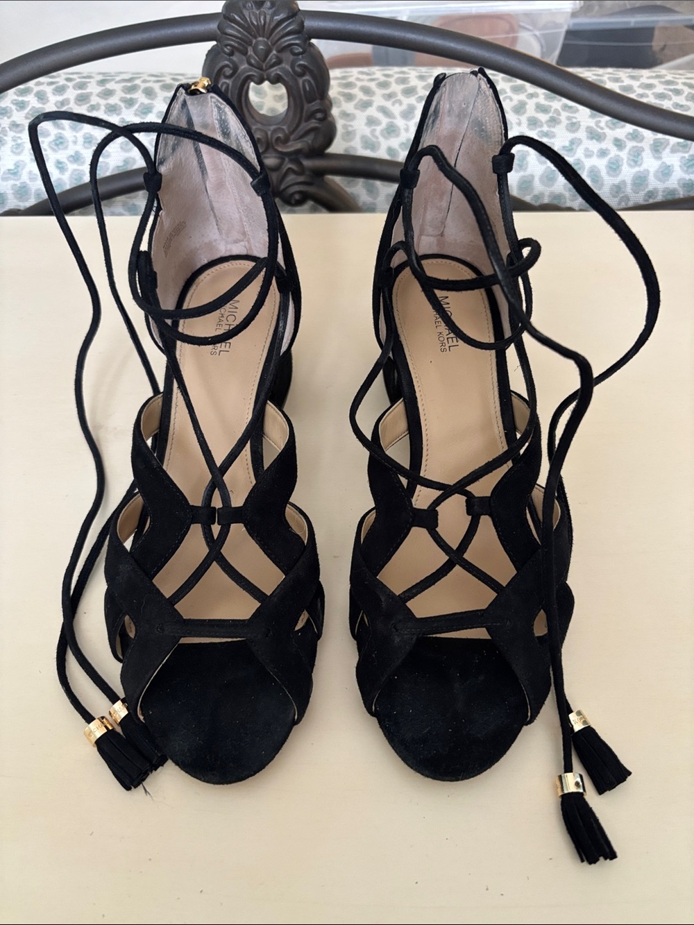 Michael Kors Black Suede Lace-Up Tassel Heels